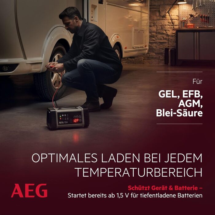 Зарядний пристрій акумуляторів AEG LT 20, 20A для 12/24V авто, 9-ступінчатий, Power Supply, інтелектуальна зарядка, автоматична компенсація температури, чорний/сірий