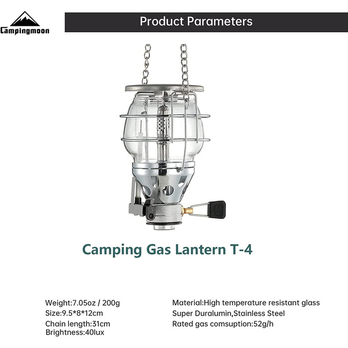 Газова кемпінгова лампа Campingmoon T-4 з п'єзозапалюванням, двома плафонами та підвісним ланцюгом, портативна лампа для намету