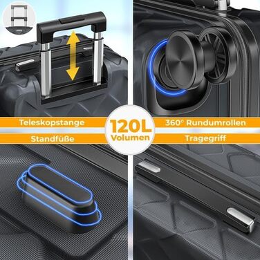 Валіза для подорожей KESSER 75 см, 120Л, жорстка ABS-оболонка, колір Charcoal: з кодовим замком, вагами для багажу та гаманцем, 360° колеса, телескопічна ручка