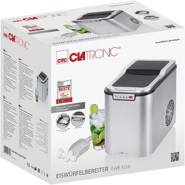 Льодогенератор Clatronic EWB 3785 Inox: Швидке виробництво льоду (10 хв), самоочищення, 12 кг/24 год, резервуар 1.5 л