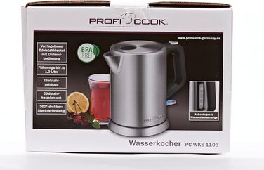 Електрочайник ProfiCook 1 л, нержавійка, 2200 Вт, компактний, BPA-free, одноручне керування, індикатор рівня води, модель PC-WKS 1106