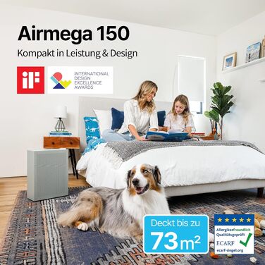 Очищувач повітря Coway AIRMEGA 150 для дому та спальні, зелений — HEPA-фільтр від алергенів, шерсті тварин та пилку, CADR 281 м³/год, нічний режим 20 дБ
