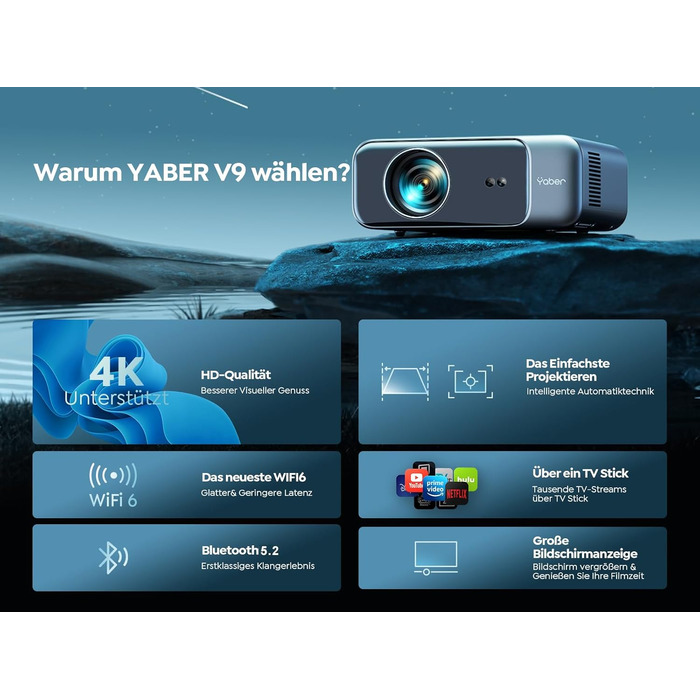 YABER LED проєктор 4K: 1080P Full HD, WiFi6, Bluetooth, автофокус, корекція трапеції. Підтримка PS5, смартфонів, ТВ приставок для домашнього кінотеатру та відпочинку на природі