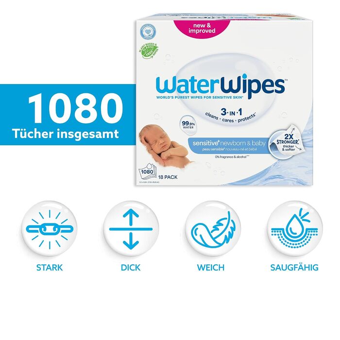 Дитячі вологі серветки WaterWipes Original, 99.9% води, гіпоалергенні, без віддушок, 1080 шт (18 пачок по 60 шт)