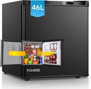 Міні-холодильник FOHERE 46L з відділенням для льоду | Компактний холодильник | Регулювання температури, енергозбереження, тиха робота | Холодильник для напоїв ідеально підходить для офісу, кемпінгу та геймінгу | Змінний бік відкривання дверцят | Чорний