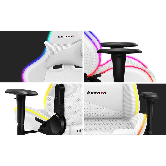 Ігрове крісло Huzaro Force 6.2 Біле з RGB LED підсвіткою, екошкіра, тканина, карбон, ергономічне, регульована висота, підголівник, поперекова підтримка, навантаження до 130 кг, офісне крісло
