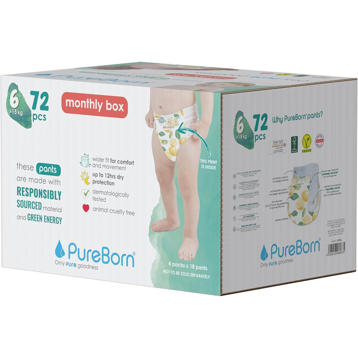 Підгузки-трусики PureBorn з бамбука, розмір 6 (15+ кг), 72 шт, гіпоалергенні та ультрапоглинаючі
