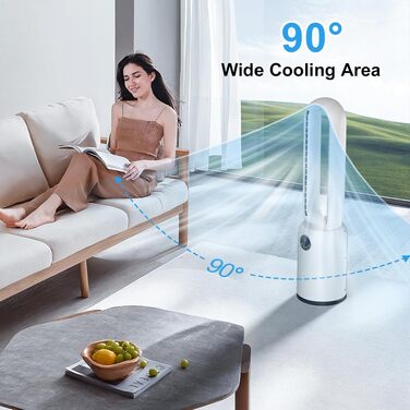 Безлопатевий вентилятор Turmventilator 88 см з LED-дисплеєм та пультом ДУ, 55 Вт, таймер 12 год, для спальні та офісу (білий)