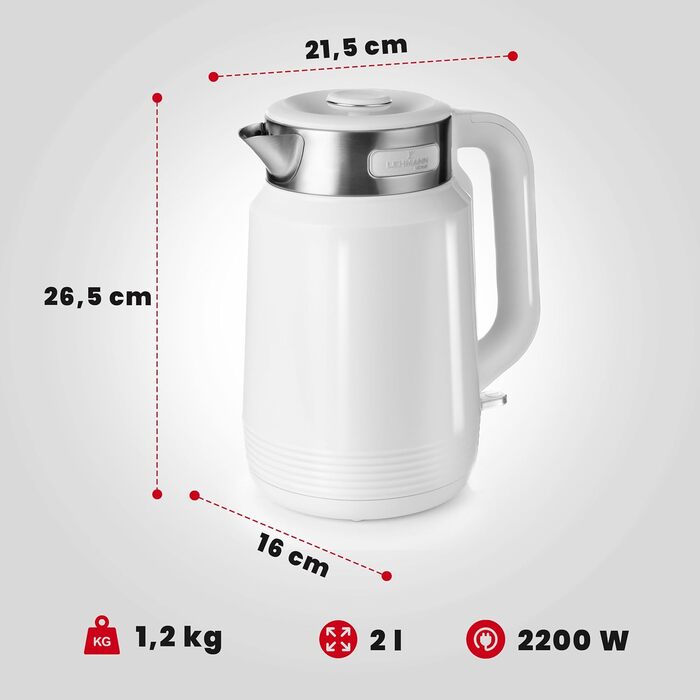 Електричний чайник Lehmann Edelstahl 2L, 2200W з подвійними стінками, автоматичним відключенням та захистом від перегріву, BPA-free, для великих сімей та офісів (Білий)