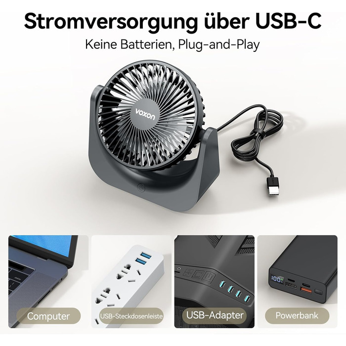 VOXON USB Настільний вентилятор міні з 5 швидкостями, тихий USB-вентилятор з кабелем 1.5м для офісу, дому, спальні. Без батарейок, сірий