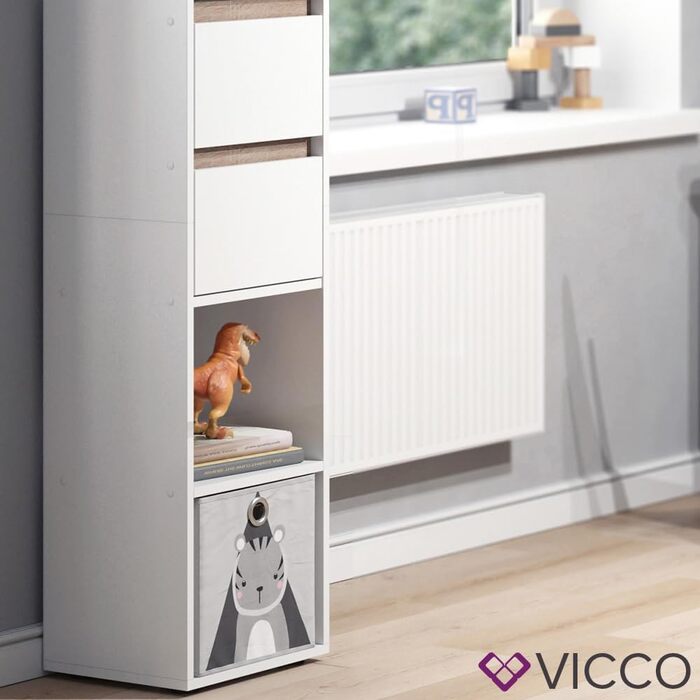 Дитячий стелаж Vicco Robert, білий/дуб сонома, 36.2x171 см, з складними коробами (сірі, різнокольорові)