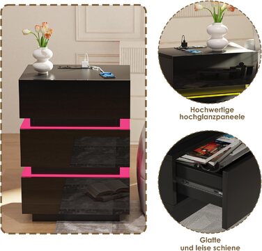 Тумба приліжкова Lvhecforhm з LED підсвіткою, USB та розетками, 16 кольорів, чорний глянець, з відкритими полицями