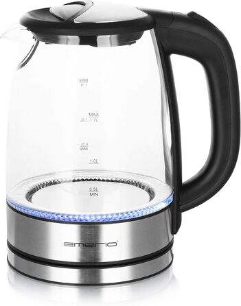Електричний скляний чайник Emerio 1,7 л, 2200 Вт, LED-підсвітка, боросилікатне скло, BPA Free