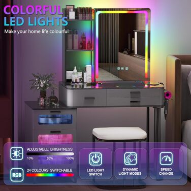 Туалетний столик з підсвіткою RGB, LED дзеркалом, табуретом, 6 шухлядами, скляною стільницею, тримачем для фену, USB Type-C, чорний