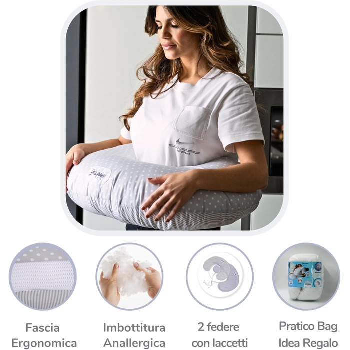 Подушка для годування Dilamababy Klein з 2 наволочками, 100% бавовна Ökotex - комфортна, гіпоалергенна подушка для годування, антиалергенний наповнювач з волокон