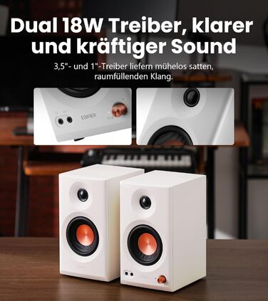 Edifier MR3 - Компактні студійні колонки 2.0, Hi-Res Audio, Bluetooth 5.4, RCA, AUX, керування через додаток, 2 x 18W (білі)