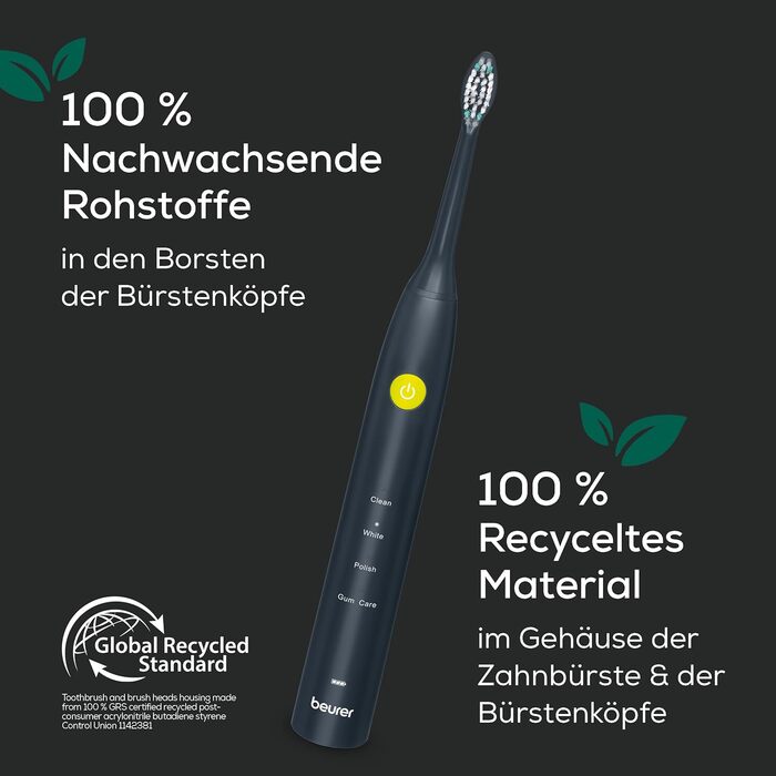 Beurer SC 30 Електрична зубна щітка Jet Black з 4 режимами чищення, 80 000 коливань, таймером та LED-дисплеєм + 2 насадки, корпус з переробленого пластику