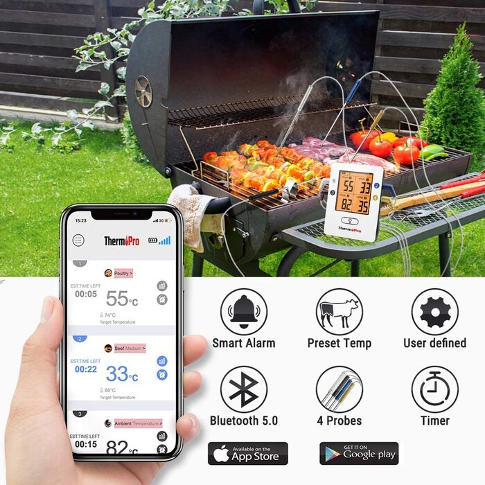 Bluetooth термометр для м'яса ThermoPro з 4 щупами, цифровий термощуп для гриля, коптильні, BBQ, стейків, з радіусом дії до 150 м, сумісний з iOS та Android