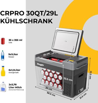 Автомобільний холодильник BougeRV CRPRO 29L з акумулятором: портативний компресорний холодильник для кемпінгу, авто, подорожей 12/230V, швидке охолодження