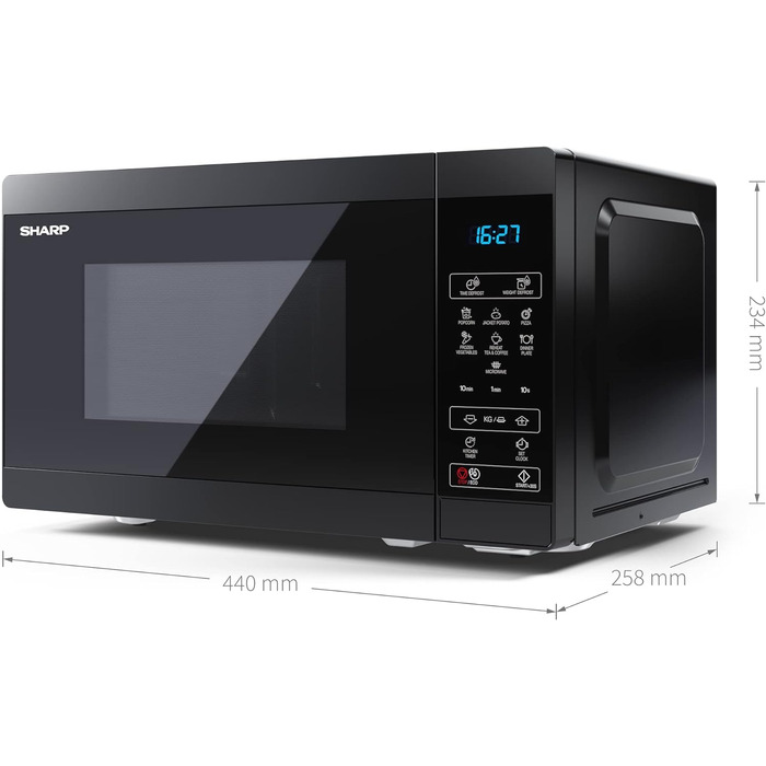 Мікрохвильова піч SHARP MS02EB, 800 Вт, 11 режимів, розмір 44x25,8x32,4 см, чорна, з функцією розморожування