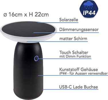 Сонячна настільна лампа ChiliTec з акумулятором, IP44, 22,5 см, диммована, USB-C, сенсор сутінків, тепле світло