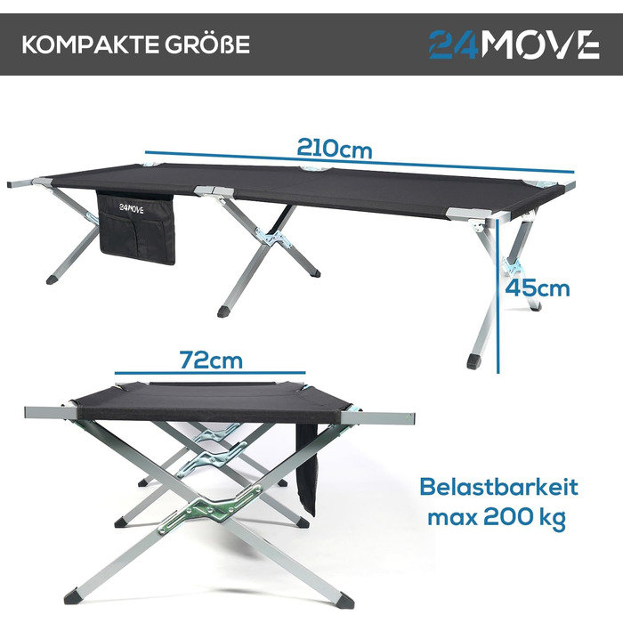 Складане кемпінгове ліжко 24MOVE® для відпочинку на природі та вдома, витримує до 200 кг, 210x72x45 см, чорне, з сумкою для перенесення