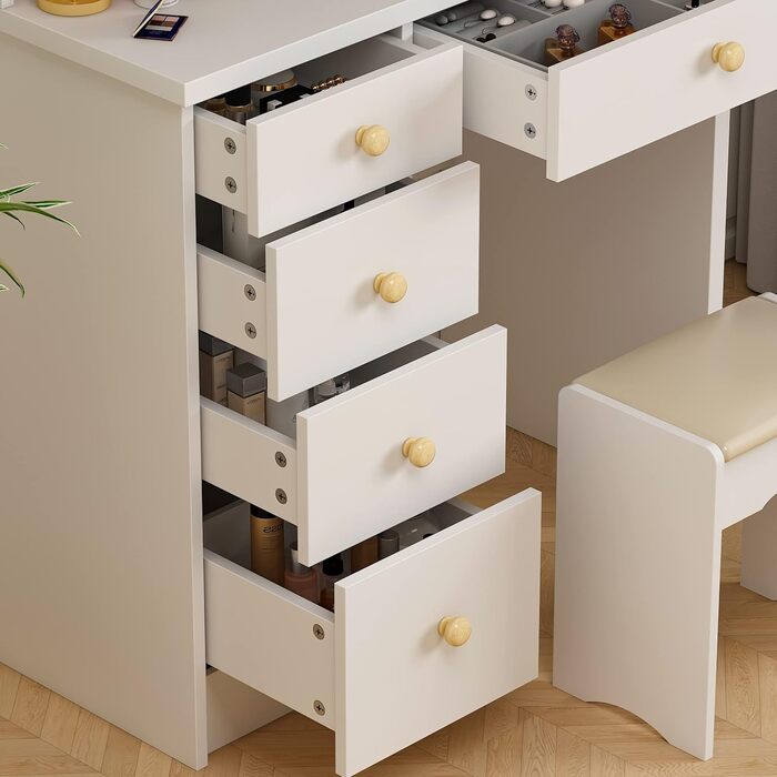 Туалетний столик PREMTURE з LED-підсвіткою, 5 шухляд, дзеркалом і пуфом, білий, для спальні, 80x40x135 см
