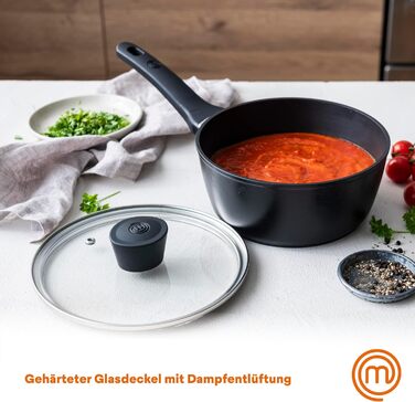 Каструля MasterChef з антипригарним покриттям та скляною кришкою, 20 см, алюмінієва, індукційна, універсальна для всіх типів плит, чорна, для супу та макаронів, колекція Aluminum Essentials