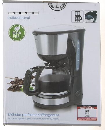 Кавоварка фільтраційна Emerio CME-122933, 1.25 л, 1000 Вт, чорна/срібляста, знімний постійний фільтр, функція захисту від капання, авто-вимкнення, скляний глечик, до 10 чашок