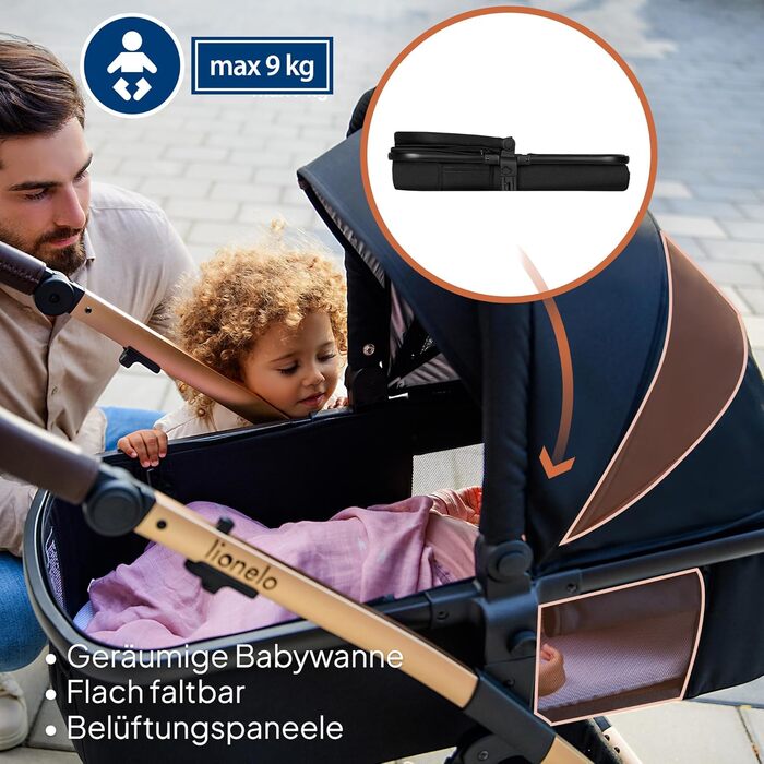 Комплексна коляска Lionelo Amber 3-в-1: люлька, автокрісло i-Size, прогулянкове сидіння, повітряні колеса, XXL капюшон UPF 50+, чорний онікс