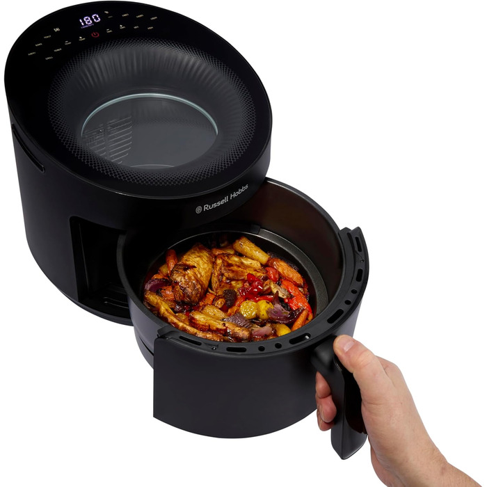 Аерофритюрниця Russell Hobbs SatisFry Panoramic 5 л, 10 програм, з оглядовим вікном, без олії, для фритюру, грилю, запікання, до 200°C, чорна, модель 27420-56