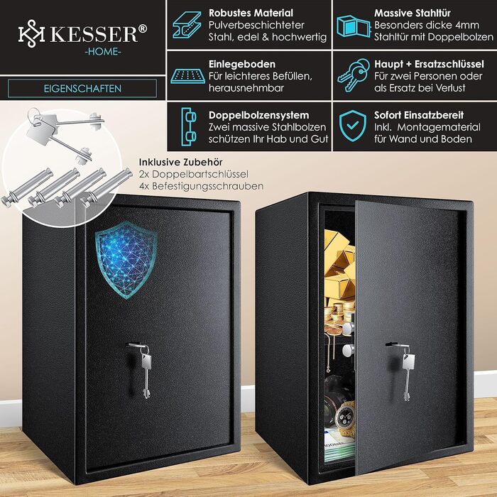 Сейф KESSER для меблів з двобортовим замком, чорний XL, 50x35x31 см, сейф для грошей, настінний/підлоговий, 2 ключі та кріплення