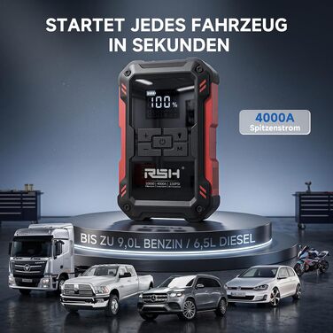 Пусковий пристрій RSH 4000A Jump Starter з компресором 150 PSI, бустер для авто 12V (бензин до 9.0L, дизель до 6.5L), Powerbank 10000 mAh та LED-ліхтарем, 4-в-1