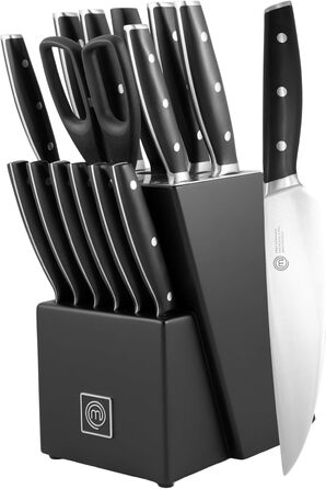 Набір кухонних ножів MasterChef, 15 предметів: професійні кухонний ніж, ніж для хліба, стейків, сантоку, овочів, ножиці, точилка, з високовуглецевої сталі, надгострі