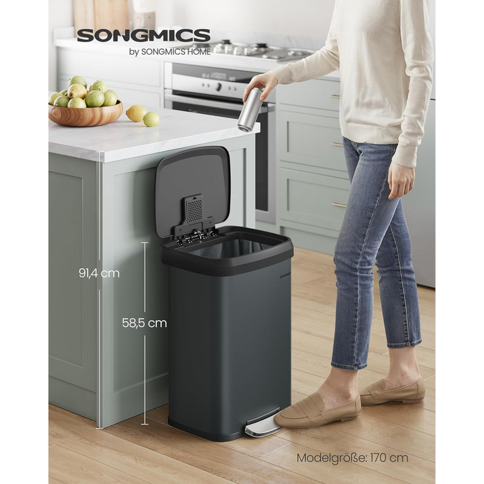 Смітник для кухні SONGMICS 50 л, металевий педальний бак з кришкою, високий, вузький, просторий, антрацитово-чорний