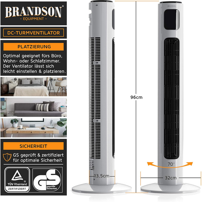 Brandson ECO Тихий турмовентилятор з DC-мотором, 12 швидкостей, напольний вентилятор із таймером, дистанційне керування, енергоощадний, дуже тихий, преміум-якість, переможець 2025