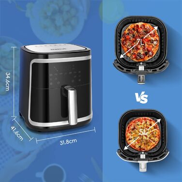 Aigostar Cube аерофритюрниця 7 л XXL, 1900 Вт, 7 програм, LED-екран, без олії, для 6-10 осіб, чорна