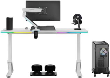 Комп'ютерний стіл ULTRADESK Iron з RGB підсвічуванням: механічний регульований стіл для геймінгу (білий)