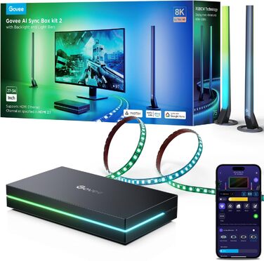 Комплект Govee HDMI 2.1 Sync Box 2 з LED-підсвіткою та Lightbar, AI синхронізація, підтримка 8K@60Hz, 4K@144Hz, VRR, ALLM, Matter та Alexa, підсвітка для моніторів 27-34 дюйми