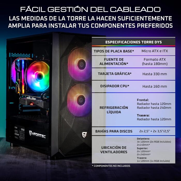 Корпус для ПК Nfortec DYS Mini Tower (MATX), 3x 120 мм ARGB вентилятори, металева сітка, бокова панель із загартованого скла, чорний