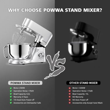 Кухонна машина POWWA 5.5L з 6 швидкостей, 1500W, для замішування тіста, з міксером, гаком для тіста та захистом від бризок (срібна)