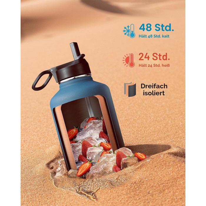 Термобутилка Coolflask 2Л зі сталі нержавіюючої з соломинкою та 3 кришками, вакуумний ізольований спорт-флакон для води та офісу, герметична, колір Indigo Black