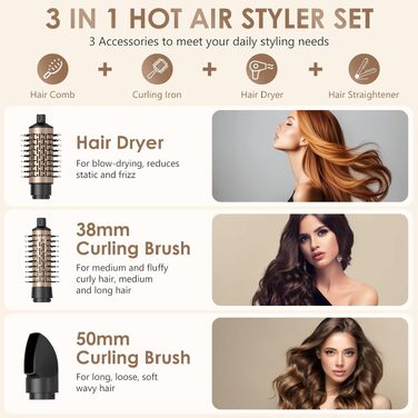 Набір професійних фен-щіток 3-в-1 Rotierend Air Styler для сушіння, випрямлення та укладання волосся (Чорний)