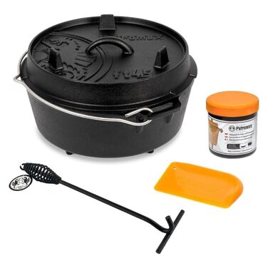 Набір-казан Petromax Feuertopf ft9-t Dutch Oven 7,5 л з ніжками, піднімачем кришки, пастою для догляду та скребком для гриля та відкритого вогню