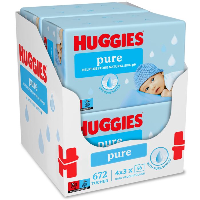 Дитячі вологі серветки Huggies Pure, гіпоалергенні, 12 упаковок по 56 шт (запас на місяць)