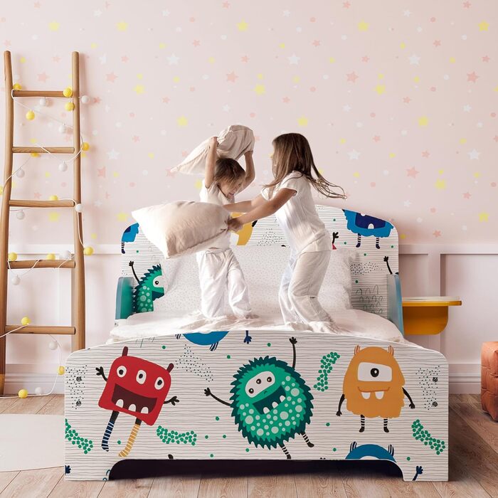 Дитяче ліжко Relaxdays 60x94x143 см, з бортиками, полицею, малюнком Монстри, з рейковим дном, МДФ, кольорове