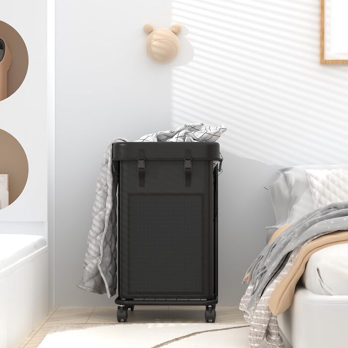 Великий кошик для білизни YKDIRECT 150 л, металевий каркас, знімні мішки, на колесах, для спальні, ванної, пральні, чорний