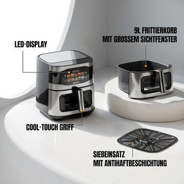 Аерофритюрниця HEINRICHS XXL 9 л 10-в-1, електрична мультипіч з LED-дисплеєм, сенсорним керуванням та таймером, 1800 Вт, кошик придатний для мийки в посудомийній машині