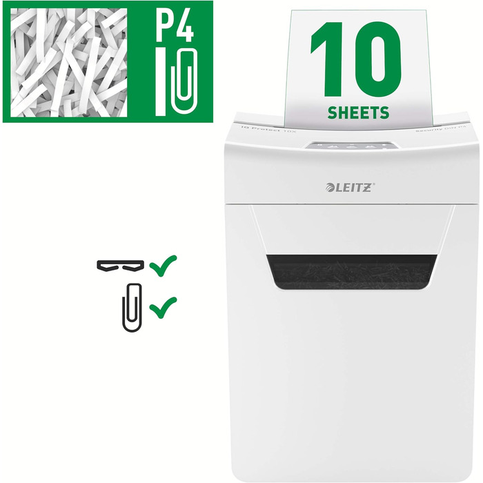 Leitz IQ 10X Premium Protect: Шредер для документів, партіковий зріз, 11-10 аркушів, тихий, компактний, сертифікований, 18л контейнер, для офісу та дому, білий