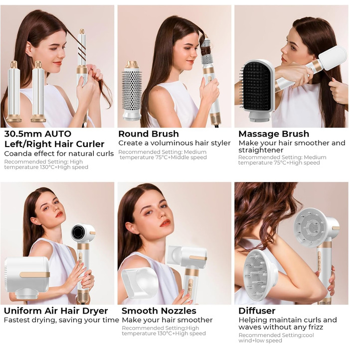 Mogawave Airstyler Pro 1000W – 5-в-1 Фен-щітка, Стайлер для волосся з негативними іонами (біло-сірий)